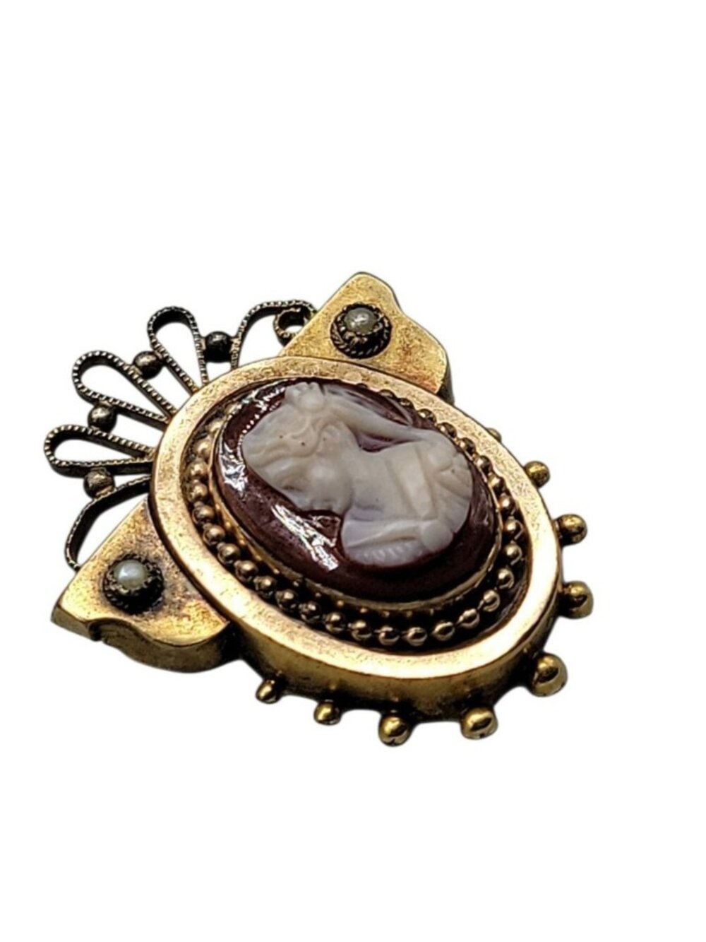 Antique Victorian Carnelian Carved Cameo Brooch Gold Plated Seed Pearl Accents - Picture 9 of 12